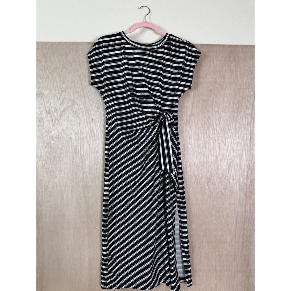 Ann Taylor LOFT Black White Striped Side Tie Textured Knit Midi Dress Womens XS